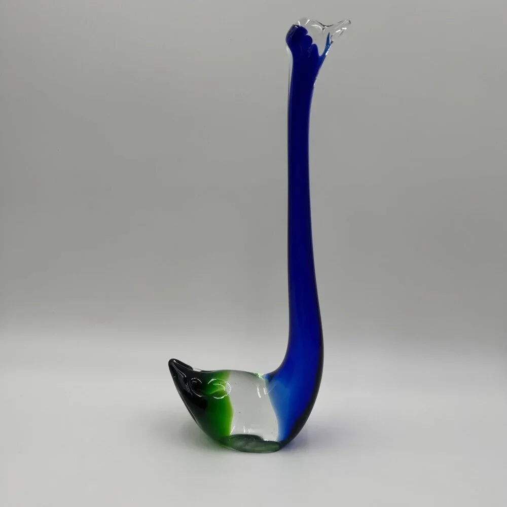 Vintage Blue Green Art Glass Long Neck Swan Figurine 13